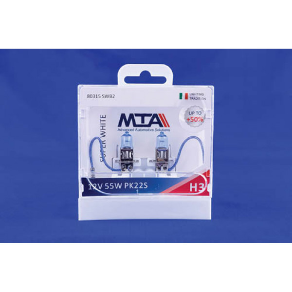 Лампа автомобільна H3 12V 55W PK22S SUPER WHITE (ближня/дальня, протитуманна) (світло-блакитний) (2шт) MTA