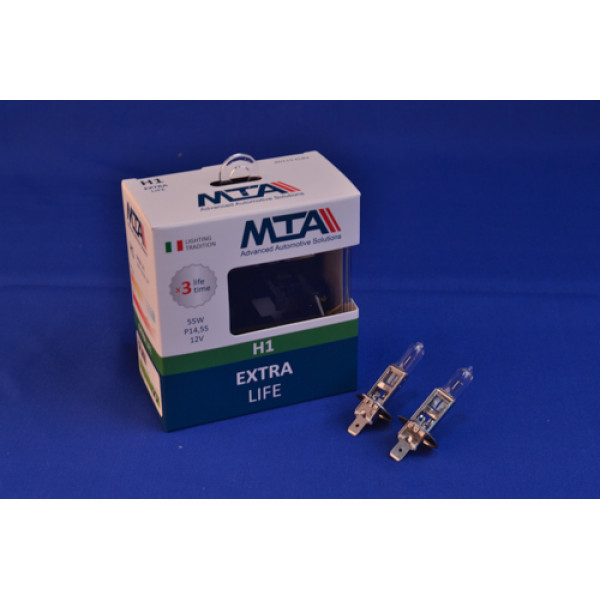 Лампа автомобільна H1 12V 55W P14.5S EXTRA LIFE (2шт) (ближня/дальня, протитуманна) MTA