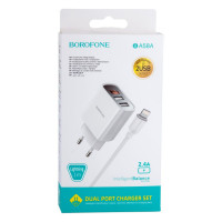 Мережевий зарядний пристрій Borofone BA58A, LCD Display, Cable Lightning, 2xUSB-A, 2.4A, White