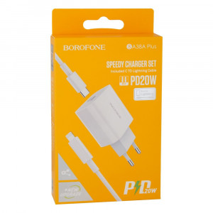 Сетевое зарядное устройство Borofone BA38A Plus, PD 20W, Cable Type-C To Lightning, White