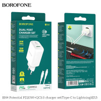 Сетевое зарядное устройство Borofone BN4, PD 20W, QC3.0, Cable Type-C to Lightning White