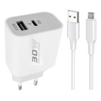 Мережевий зарядний пристрій Konfulon C89Q, Cable Micro, USB-A QC3.0 20W, Type-C 30W Max, Белый