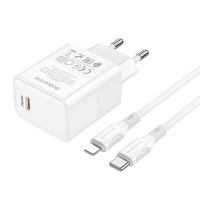 Мережевий зарядний пристрій Borofone BA77A, Cable Type-C to Lightning, PD 30W, QC 3.0, Белый