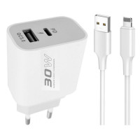 Мережевий зарядний пристрій Konfulon C89Q, Cable Lightning, USB-A QC3.0 20W, Type-C 30W Max, Белый