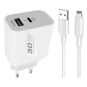 Мережевий зарядний пристрій Konfulon C89Q, Cable Lightning, USB-A QC3.0 20W, Type-C 30W Max, White