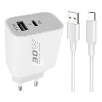 Мережевий зарядний пристрій Konfulon C89Q, Cable Type-C, USB-A QC3.0 20W, Type-C 30W Max, Белый