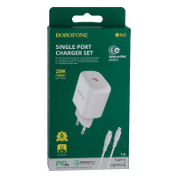 Сетевое зарядное устройство Borofone BN3 Premium, PD 20W, QC 3.0, Cable Type-C to Lightning, White