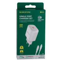 Мережевий зарядний пристрій Borofone BN3, Cable Type-C to Lightning, PD 20W, QC 3.0, White