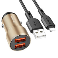 Автомобільний зарядний пристрій BOROFONE BZ19 Wisdom dual port car charger set(iP) Gold Код: 405480-14