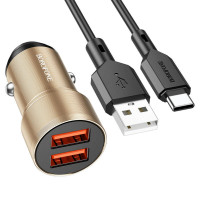 Автомобільний зарядний пристрій BOROFONE BZ19 Wisdom dual port car charger set(Type-C) Gold Код: 405481-14