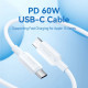 Кабель Vention USB 2.0 Type-C Male to Type-C Male 3A Cable 1M White PVC Type Код: 453081-14