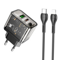 Мережевий зарядний пристрій HOCO N34 Dazzling dual-port PD20W+QC3.0 charger set(C to iP) Transparent Black Код: 420401-14