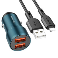 Автомобільний зарядний пристрій BOROFONE BZ19 Wisdom dual port car charger set(iP) Sapphire Blue Код: 405472-14