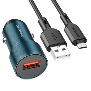 Автомобільний зарядний пристрій BOROFONE BZ19A Wisdom single port QC3.0 car charger set(Micro) 18W Sapphire Blue Код: 405463-14