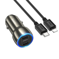 Автомобільний зарядний пристрій HOCO Z48 Tough 40W dual port(2C) car charger set(C to iP) Metal Gray Код: 405537-14