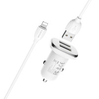 Автомобільний зарядний пристрій BOROFONE BZ12 double port in-car charger set with Lightning White Код: 404958-14