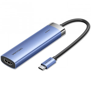 Док-станція USB3.1 Type-C -> HDMI/USB 3.0x3/PD 100W Blue Aluminum Alloy Hub 5-in-1 Vention