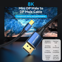 Кабель Vention mini DisplayPort - DisplayPort v1.4 1.5m Черное, 8K 60 Hz, 4K 144Hz, 2K 165Hz, 1080P 240Hz (HCFLG)