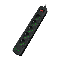 Сетевой фильтр F25U, 5 розеток EU + 3 USB + PD, кнопка включения с индикатором, 2 м, 3х0,75мм, 2500W, Black, Box