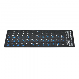 Наклейки на матовой черной клавиатуре с синими буквами Рус.Англ.