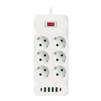 Мережевий фільтр F33U, 6 розеток EU + 4 USB + 2 PD, кнопка включення з індикатором, 2 м, 3х0,75 мм, 2500W, White, Box Код: 398013-09
