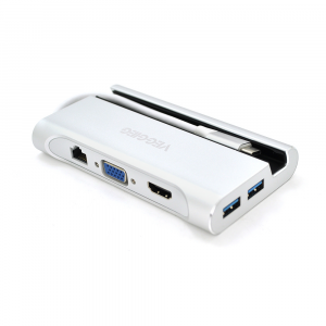 Хаб-конвертор VEGGIEG TC07-S Type-C (папа) на Type-C(мама) + USB3.0*3(мама) + HDMI(мама) + RJ45, 10см, Silver, Box