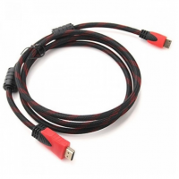 Кабель Merlion HDMI-HDMI 2.0m, v1.4, OD-7.4mm, 2 фільтра, обплетення, круглий Black / RED, коннектор RED / Black, (Пакет), Q120 Код: 335615-09