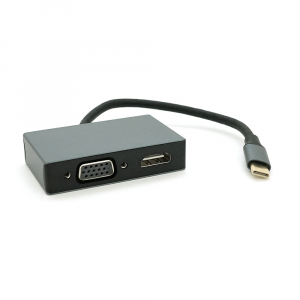 Хаб Type-C(папа) аллюминиевый, HDMI(мама)+VGA(мама), 23cm, Silver