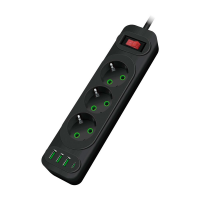 Сетевой фильтр F23U, 3 розетки EU + 3 USB + PD, кнопка включения с индикатором, 2 м, 3х0,75мм, 2500W, Black, Box