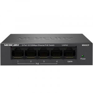 Коммутатор POE 48V Mercury MS05CP 4 портов POE+1 порт Ethernet (Uplink ) 10/100 Мбит/сек, БП в комплекте