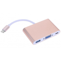 Конвертер Type-C (папа) на VGA(мама)+USB 3.0(мама)+Type-C(мама) 10cm, GOLD, 4K/2K, Пакет