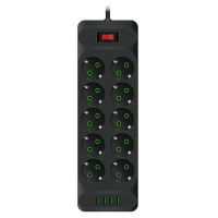 Сетевой фильтр F35U, 10 розеток EU + 4 USB + 2 PD, кнопка включения с индикатором, 2 м, 3х0,75мм, 2500W, Black, Box