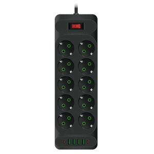 Мережевий фільтр F35U, 10 розеток EU + 4 USB + 2 PD, кнопка включення з індикатором, 2 м, 3х0,75 мм, 2500W, Black, Box