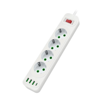 Сетевой фильтр F24U, 4 розетки EU + 3 USB + PD, кнопка включения с индикатором, 2 м, 3х0,75мм, 2500W, White, Box Код: 398008-09