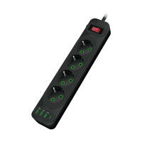 Сетевой фильтр F24U, 4 розетки EU + 3 USB + PD, кнопка включения с индикатором, 2 м, 3х0,75мм, 2500W, Black, Box