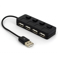 Хаб USB 2.0 4 порта, Black, 480Mbts питание от USB, с кнопкой LED/Blue на каждый порт, Blister Q100