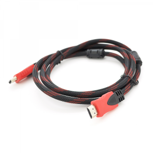 Кабель Merlion HDMI-HDMI 5.0m, v1.4, OD-7.4mm, 2 фильтра, оплетка, круглый Black/RED, коннектор RED/Black, (Пакет) Q100